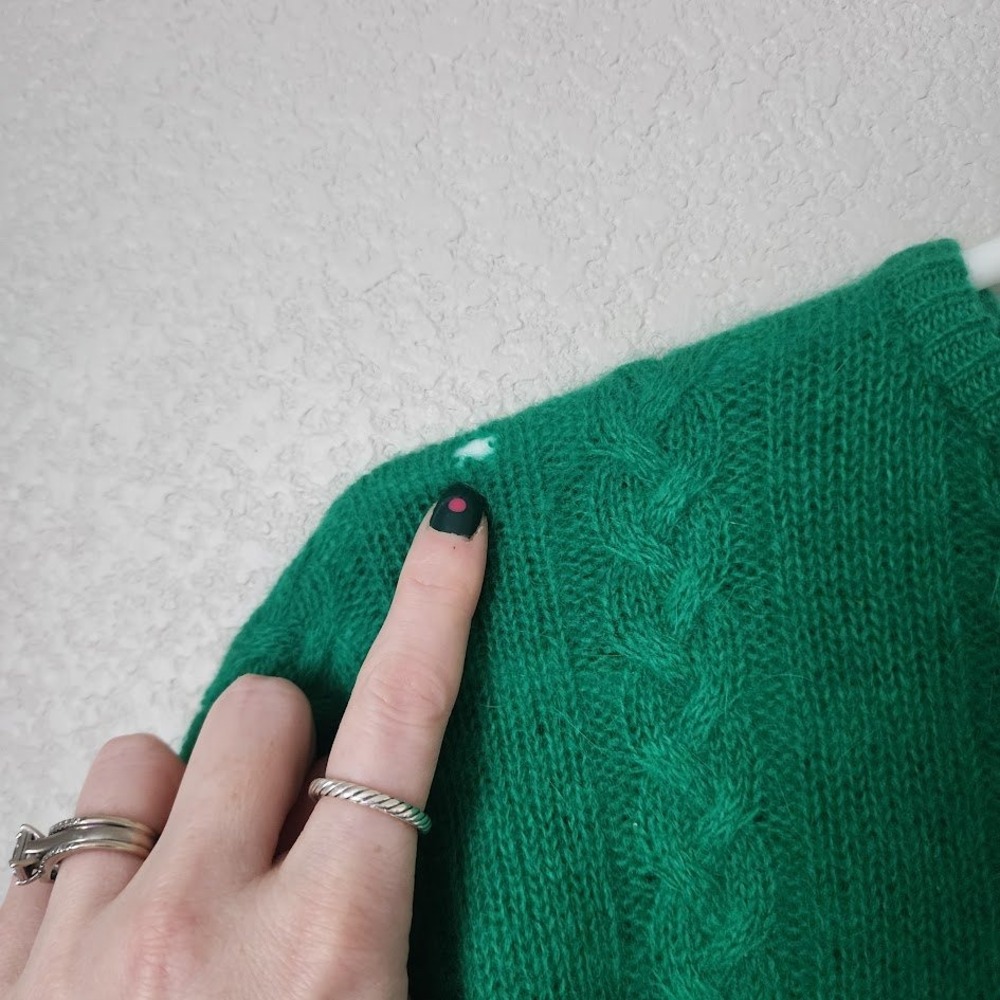 VINTAGE 80s cable knit rabbit hair blend crew neck sweater in kelly green size L - Picture 8 of 10
